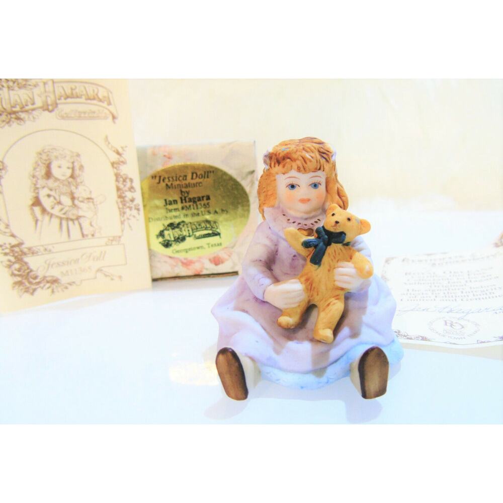 Jan Hagara Jessica Doll Miniature Porcelain Figurine 1.5" Holding Teddy Bear Box